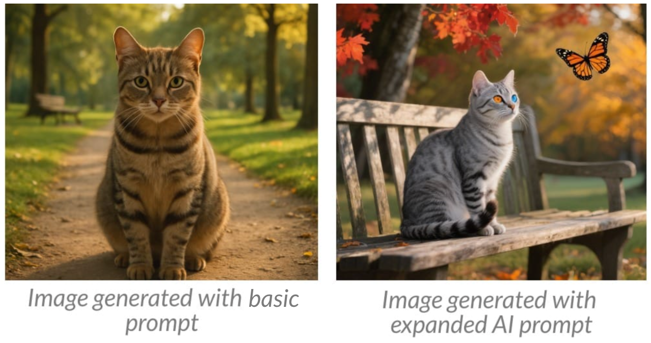Side-by-side cat images: left shows a generic photo of a brown tabby cat on a park path, right shows a stylized silver cat with heterochromatic eyes on a bench with autumn leaves and a butterfly.