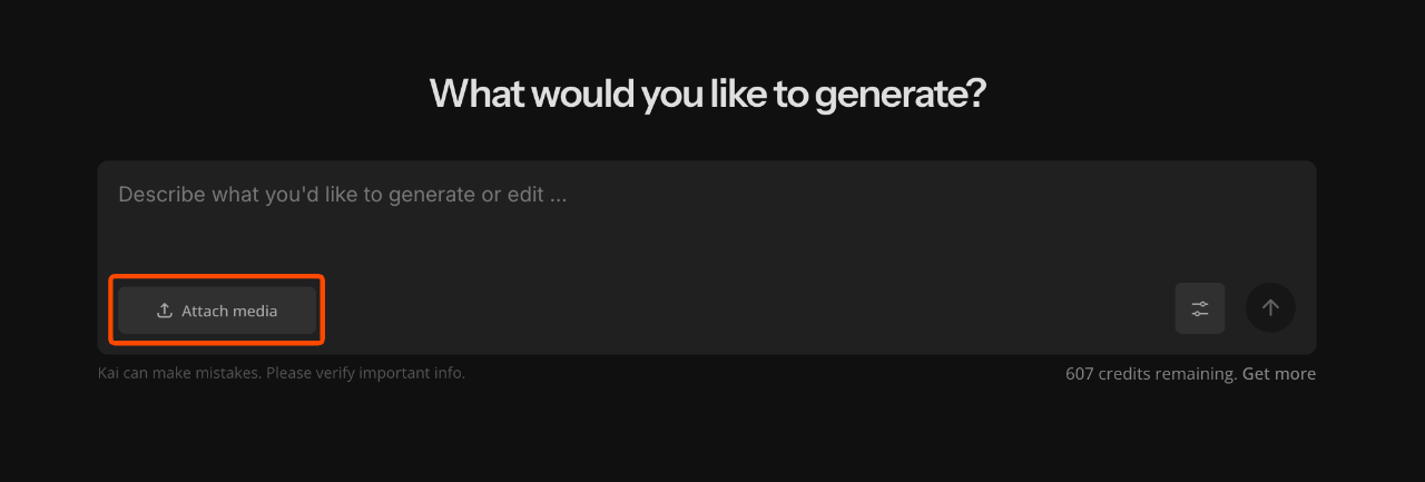 Kai interface showing the Attach Media button for adding reference images to guide Sora video generation.