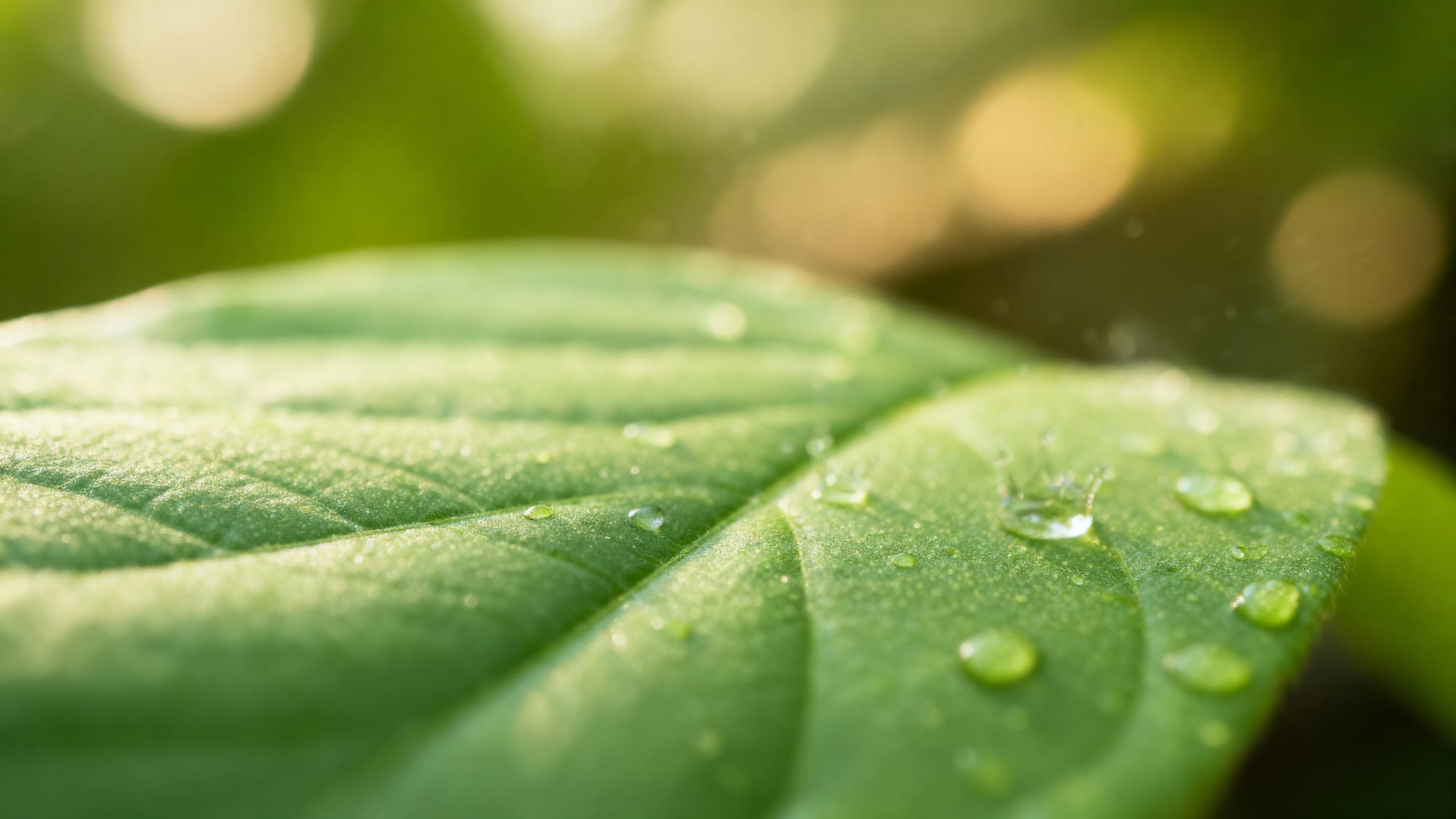 Sora AI macro example showing dew-covered green leaf with soft natural lighting and shallow depth of field.