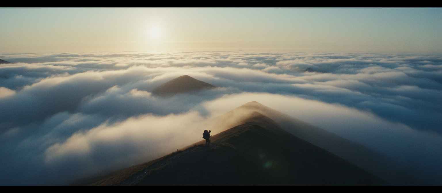 Cinematic Sora AI video example showing a traveler standing on a mountain ridge above clouds at sunrise, demonstrating text-to-video output quality.
