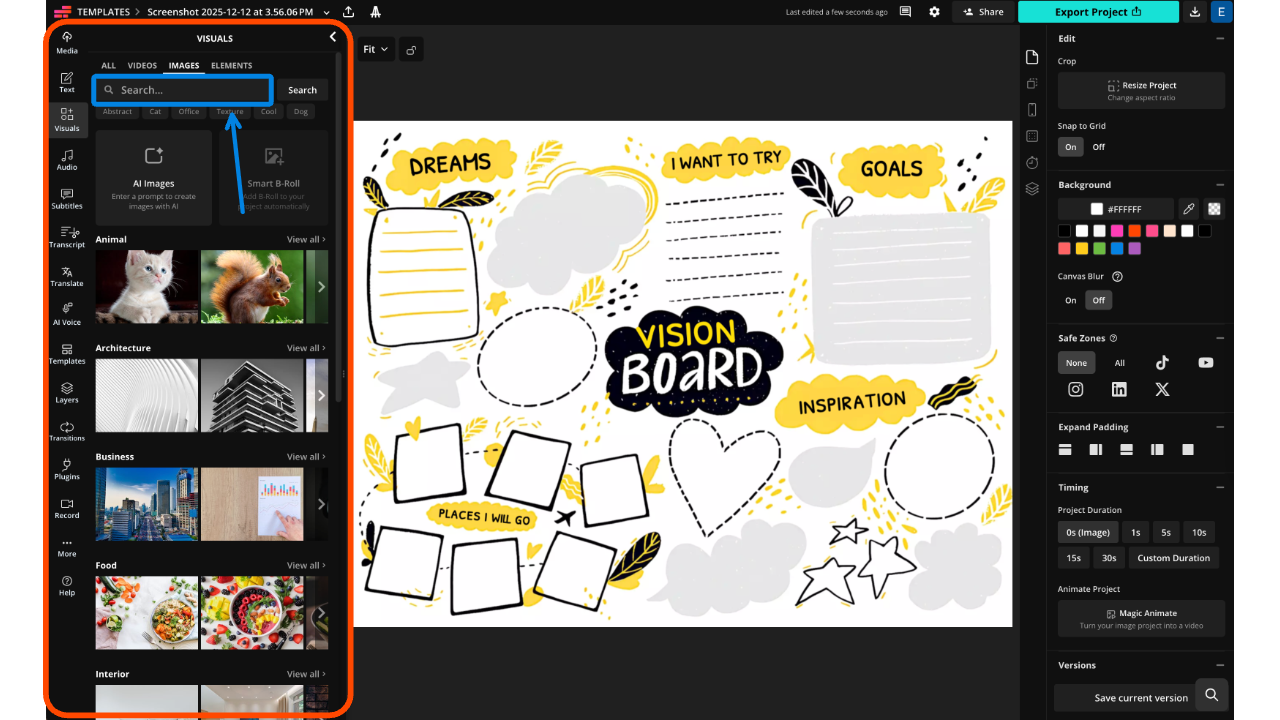 Kapwing editor displaying a vision board template with sections for goals, inspiration, and images, alongside the stock photo search panel.