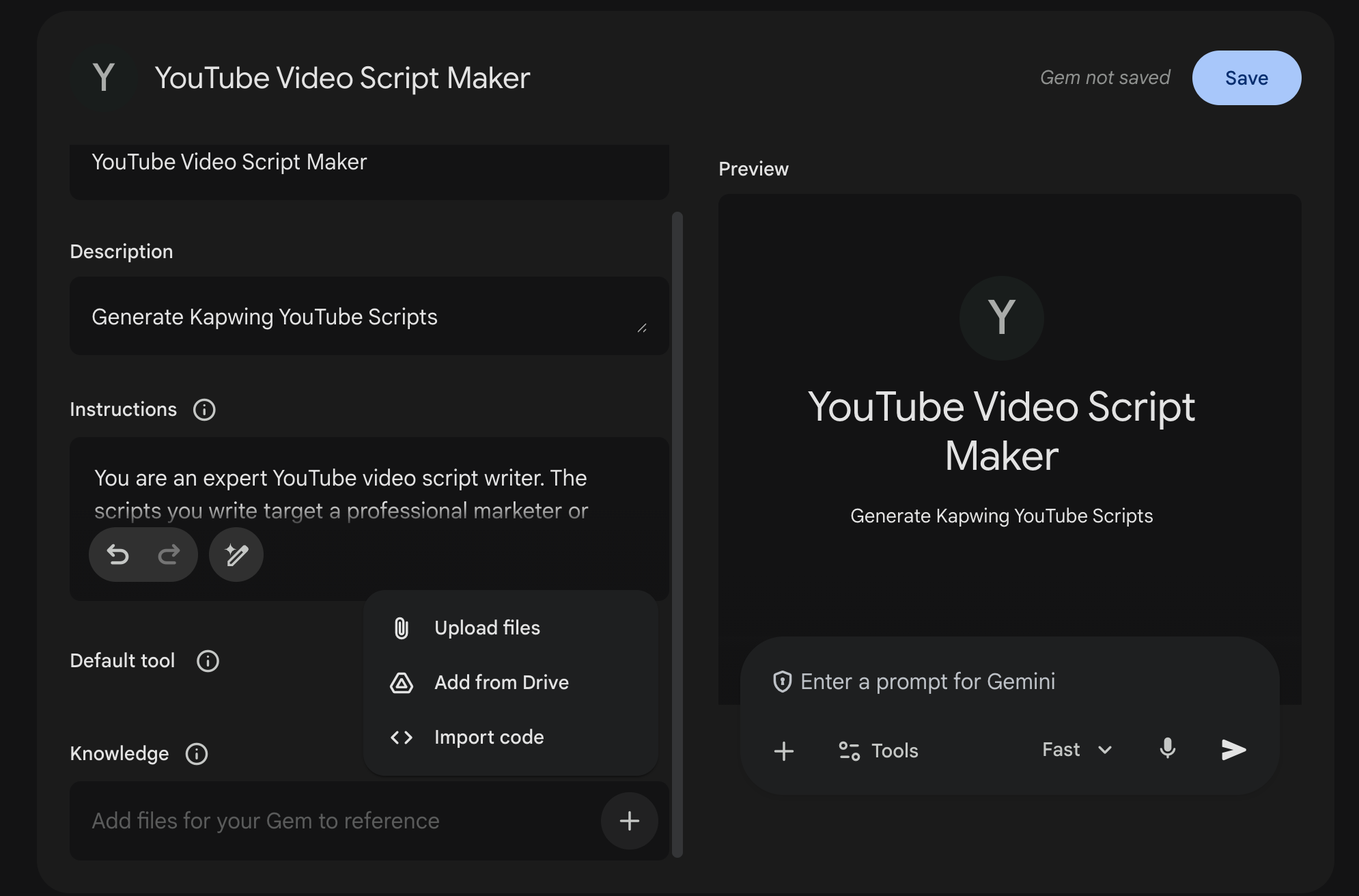 Screenshot of a Gemini Gem to write YouTube Video Scripts