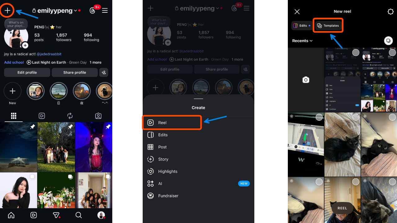 Instagram profile screen showing the plus icon tapped, followed by the Create menu with “Reel” highlighted.
