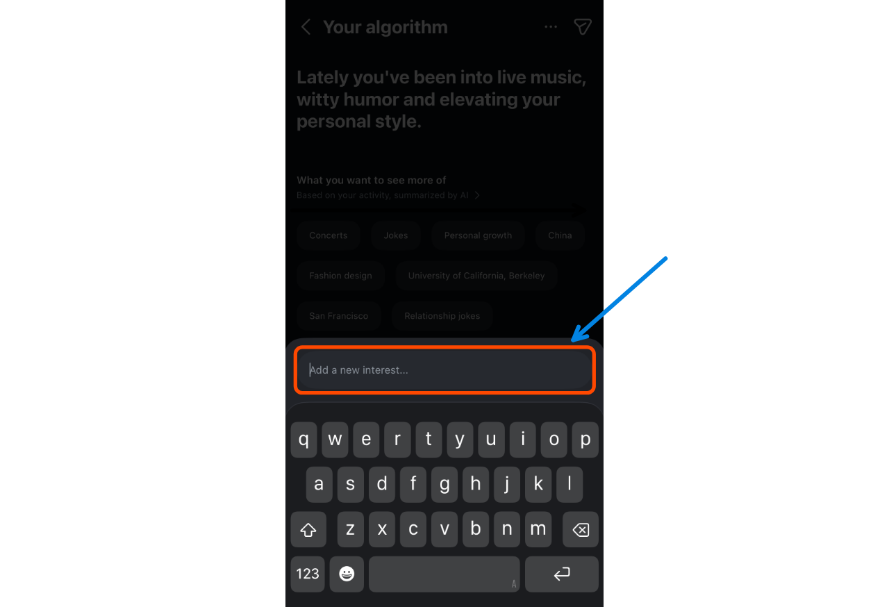Screenshot of the “Add a new interest” field where users can type custom algorithm topics on Instagram.