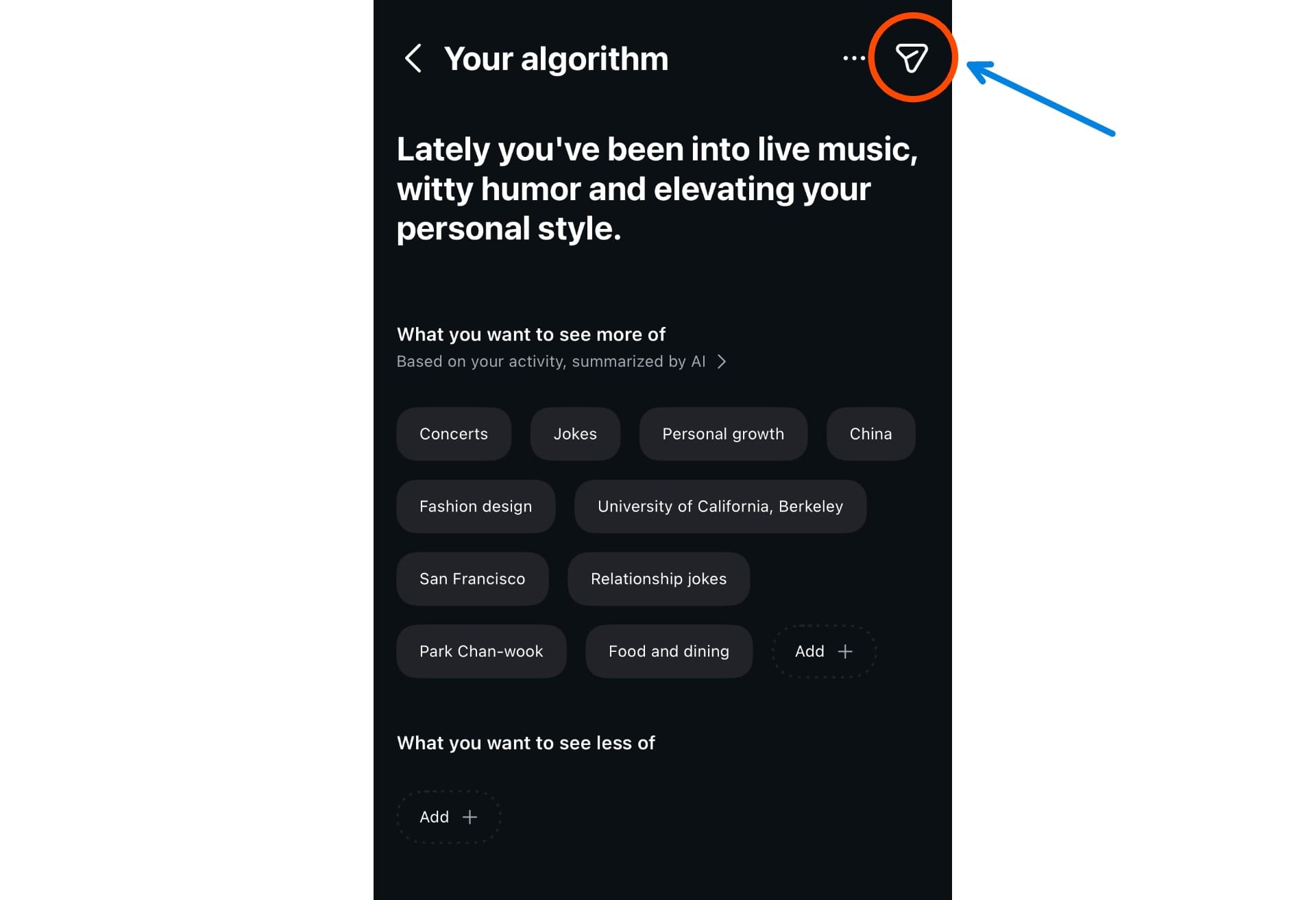 Screenshot highlighting the share arrow icon on the Your Algorithm screen in Instagram.