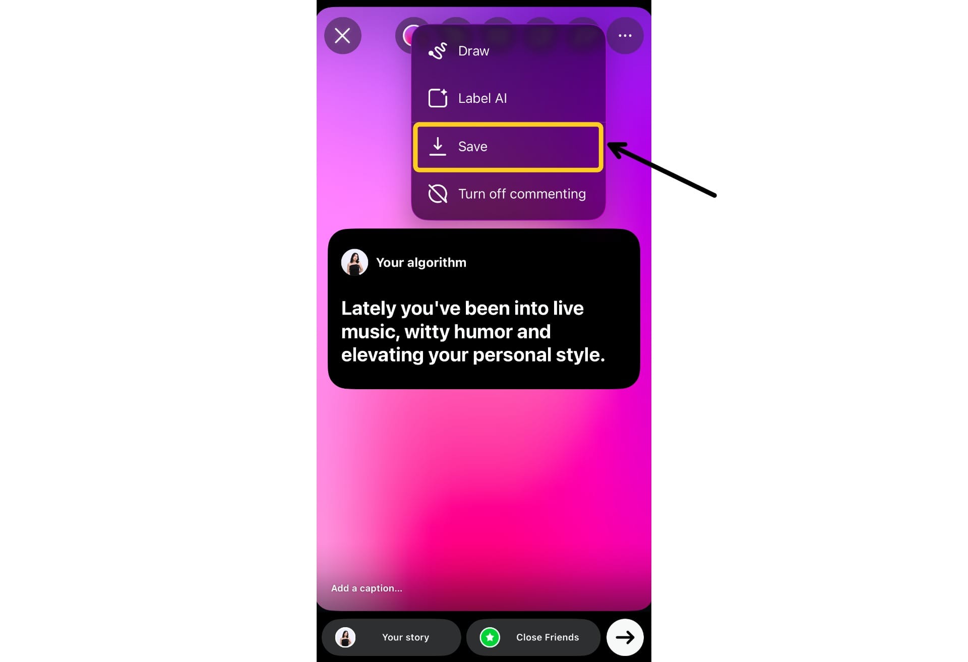 Instagram menu showing the option to save a customized algorithm image before posting.
