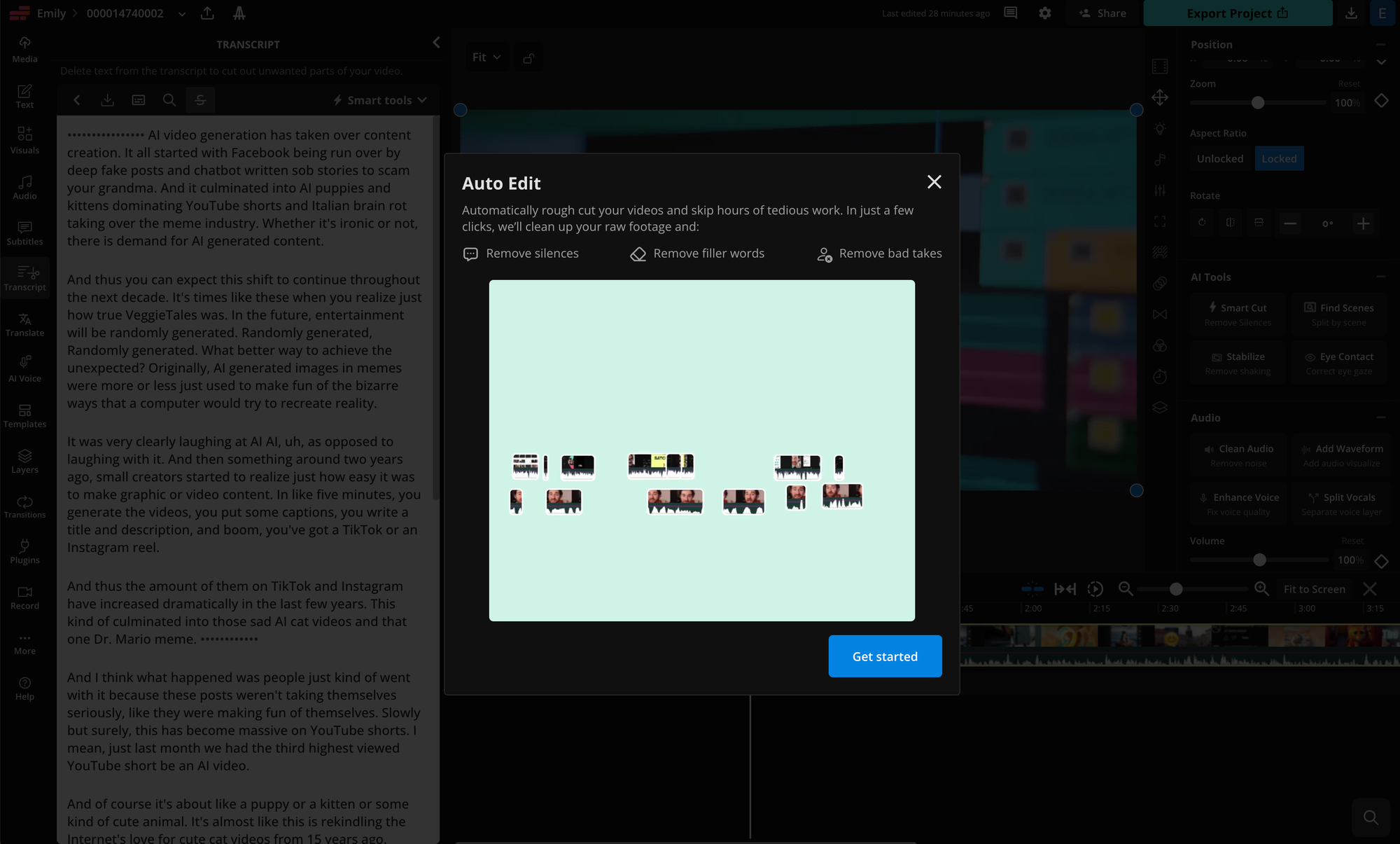 Kapwing transcript view with the Smart Tools dropdown highlighted, showing Auto‑Edit options for video cleanup.