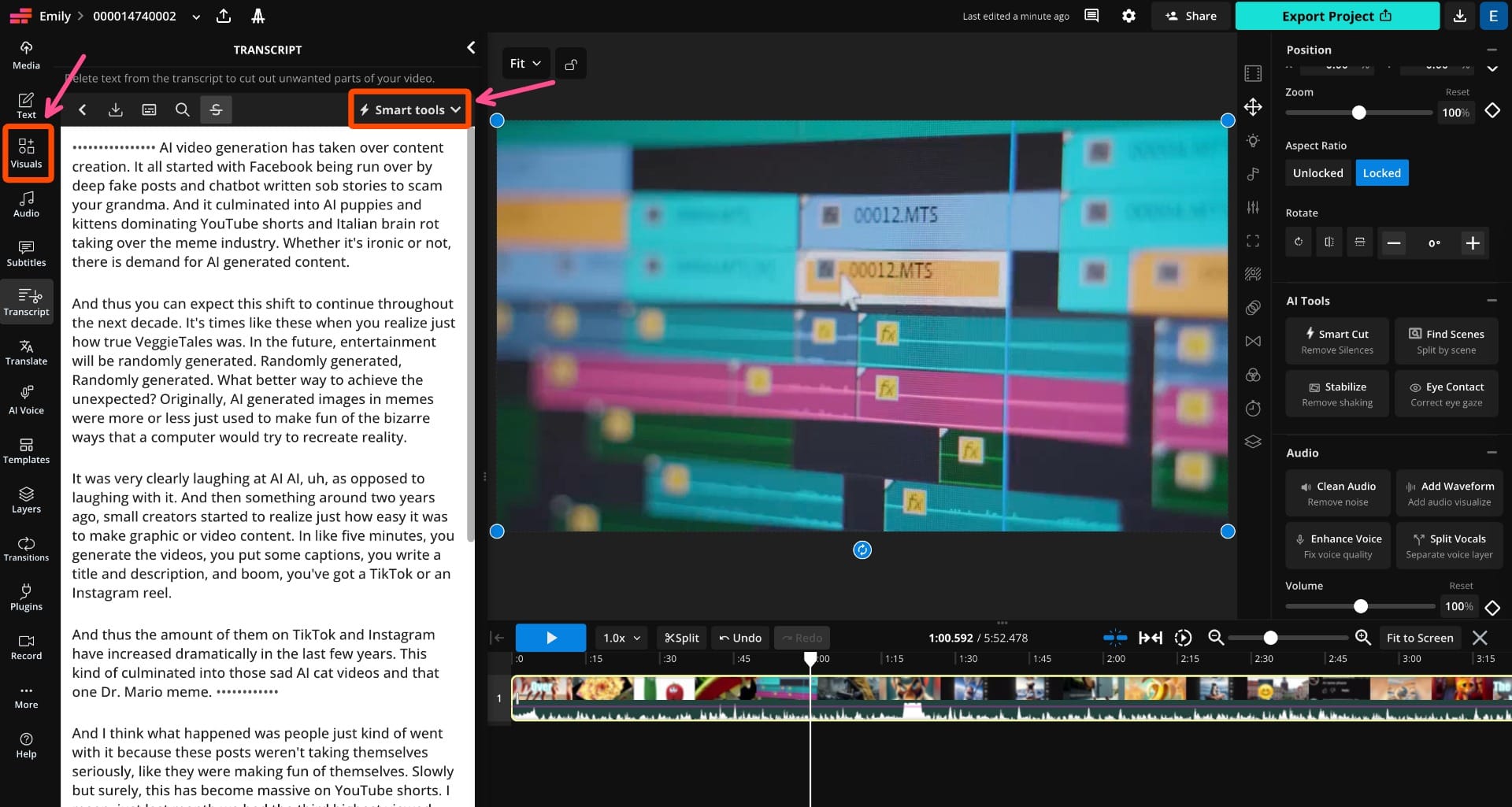 Kapwing Studio showing a full transcript generated from video audio with editing controls visible.