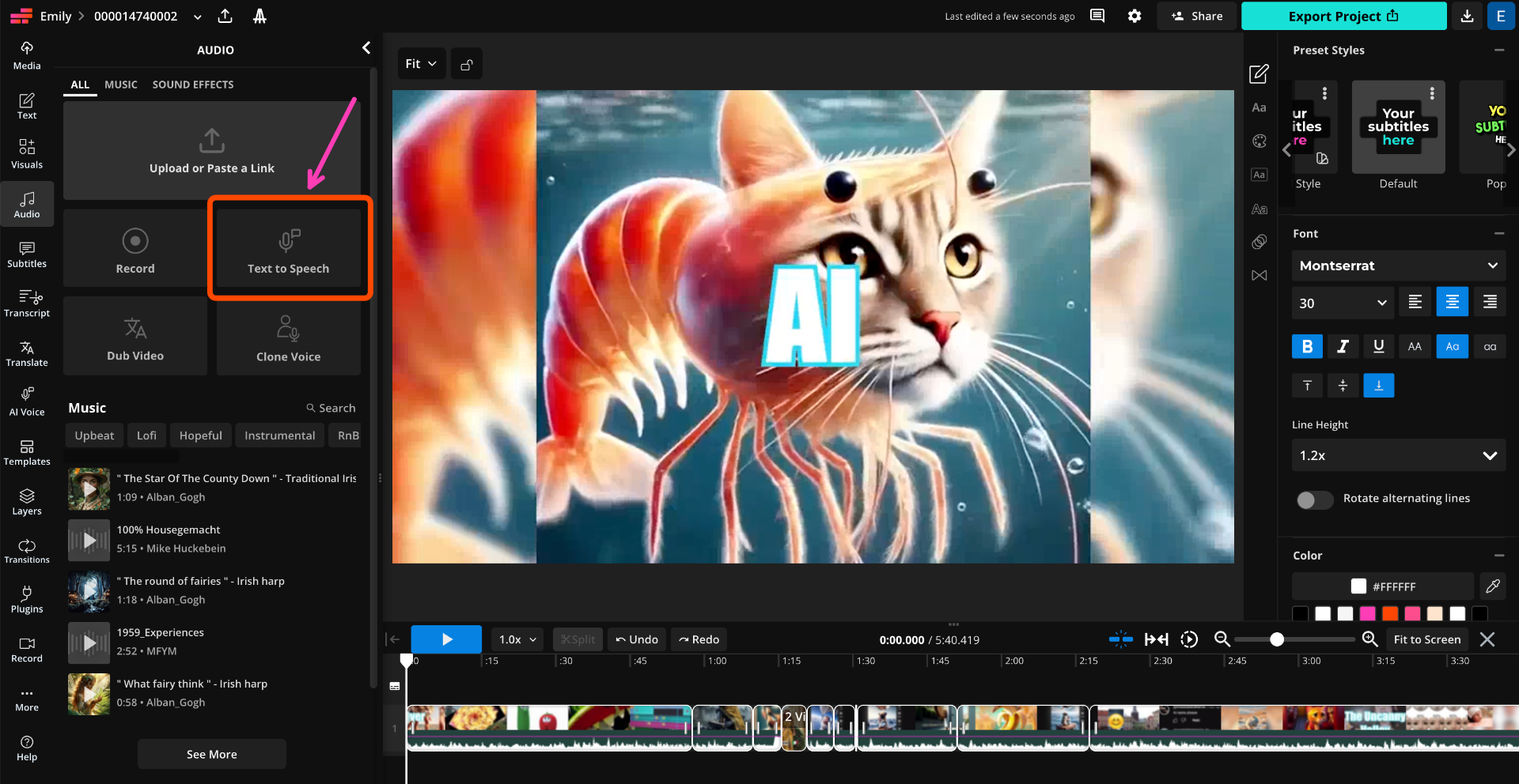 Kapwing Studio Text‑to‑Speech interface showing AI voice generation options and a video preview.