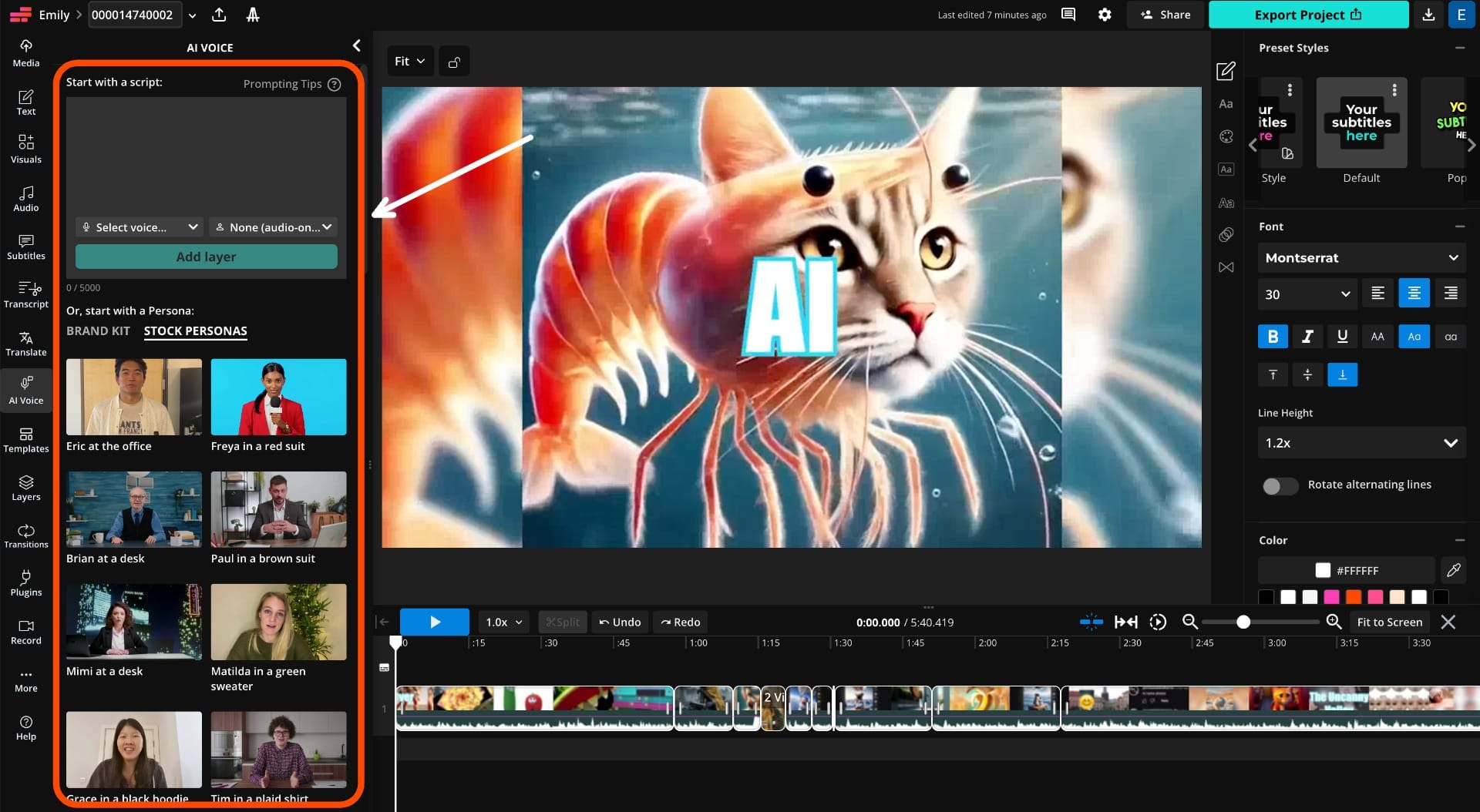 Kapwing Studio Text-to-Speech interface with AI-generated voice options and script input area visible.