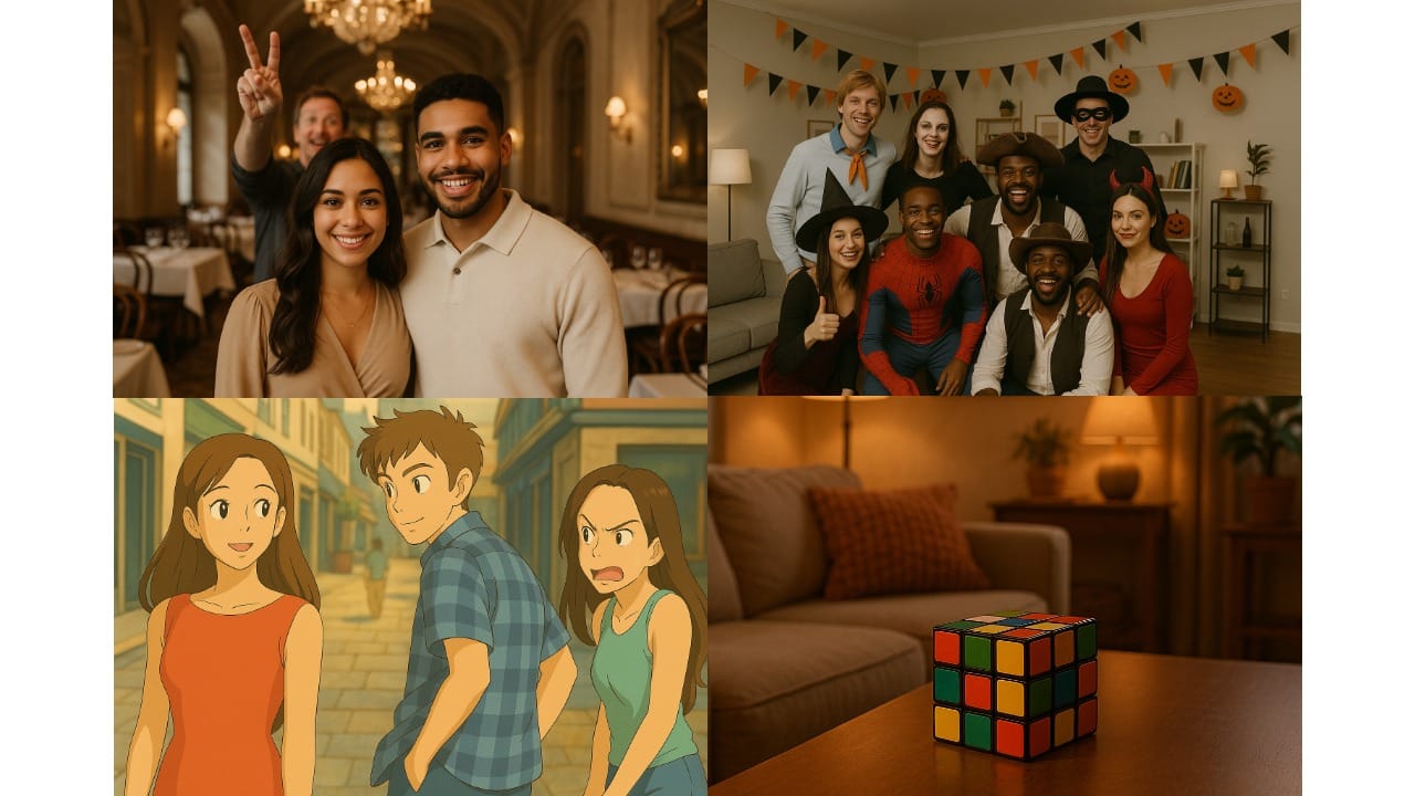 Four examples of ChatGPT image generation: posed group portraits and stylized animated characters with warm tones, clean backgrounds, and centered framing.