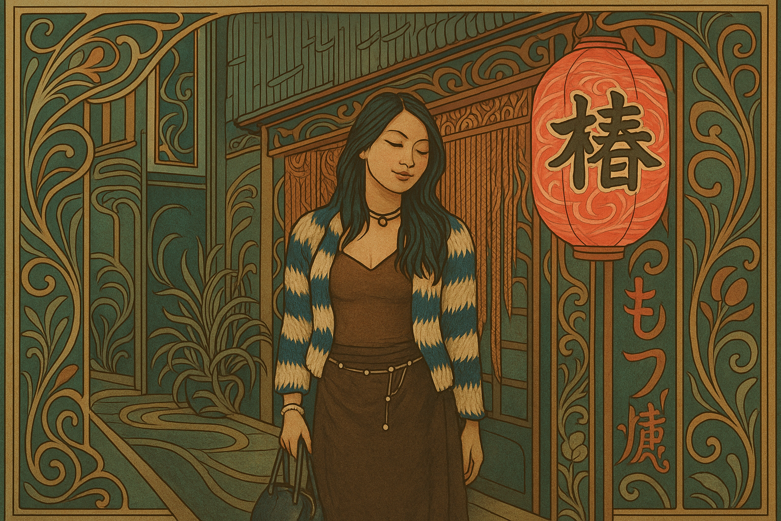 Art Nouveau–style illustration with ornate linework, organic shapes, and muted jewel tones.