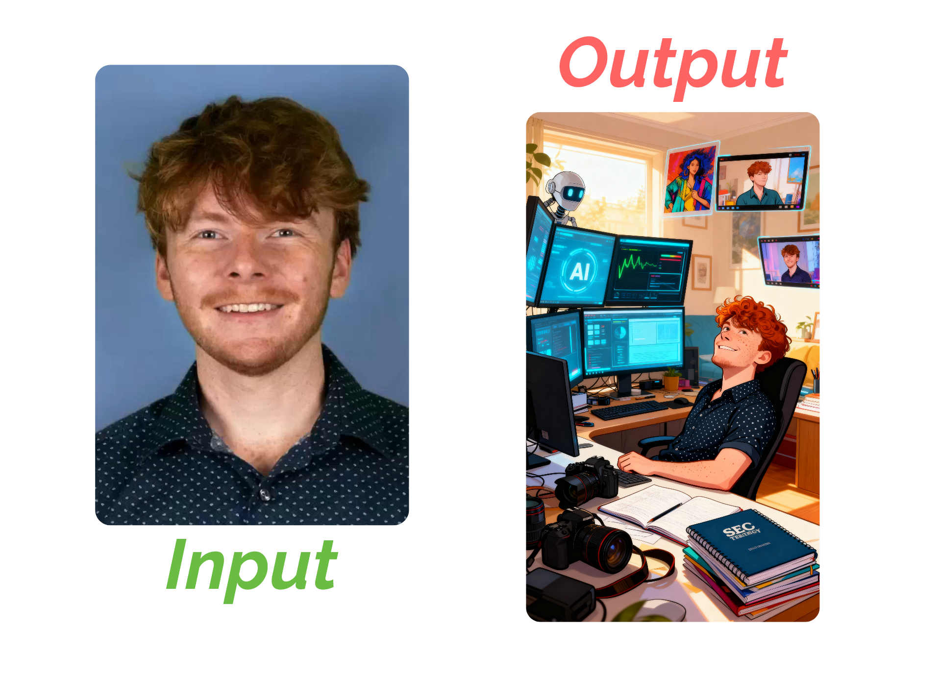 Example input and output images in the ChatGPT caricature Facebook trend.