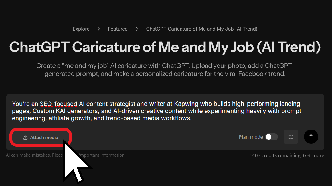 Image highlighting the media upload button to upload a picture when creating an AI caricature.