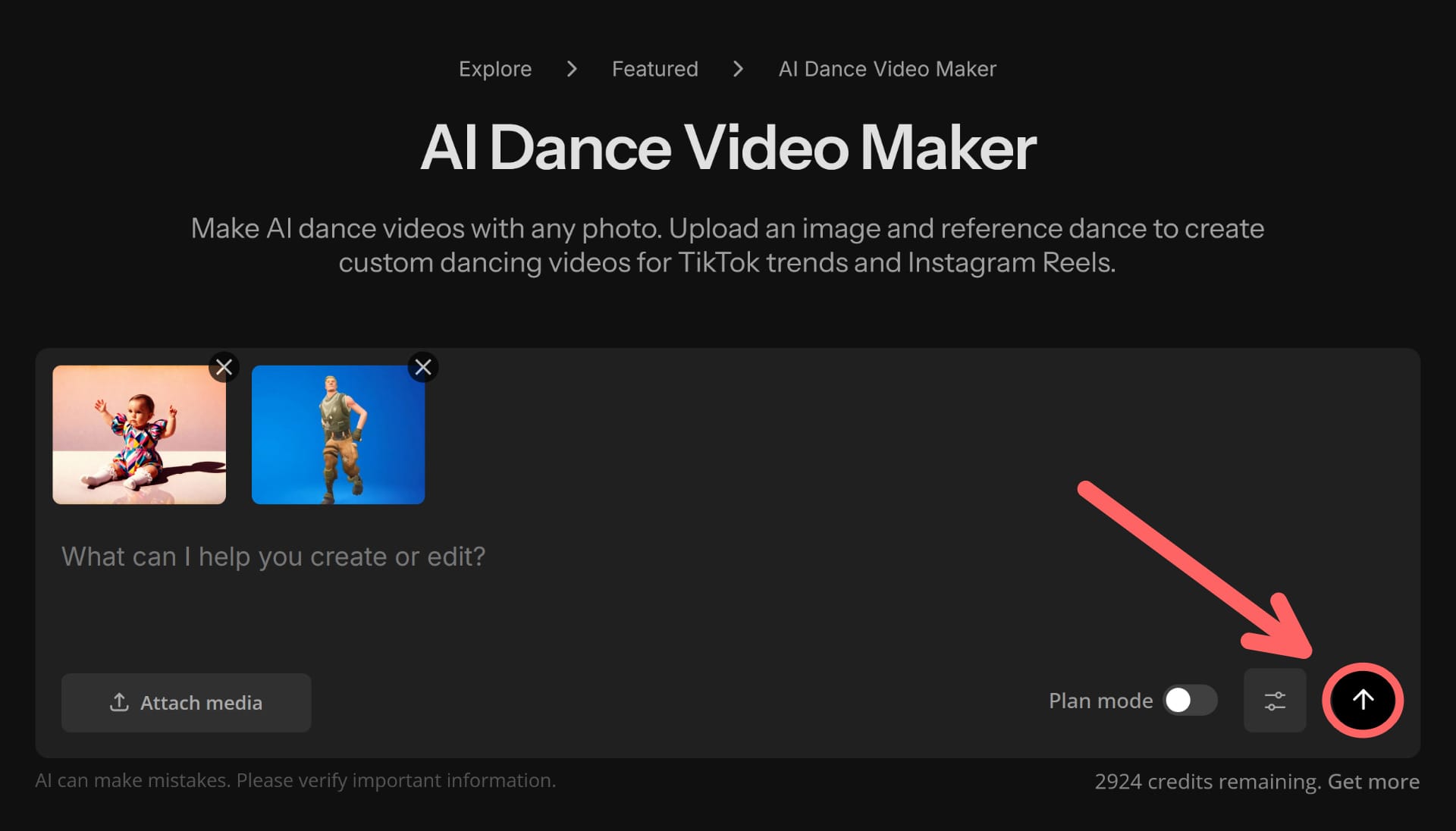 Kling 2.6 AI send button highlighted to show how to create a dancing video.