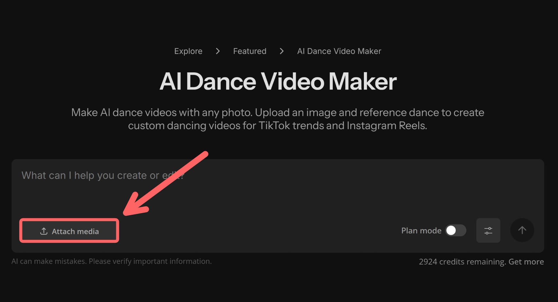 Attach media button highlighted to show how to create an AI dance video.