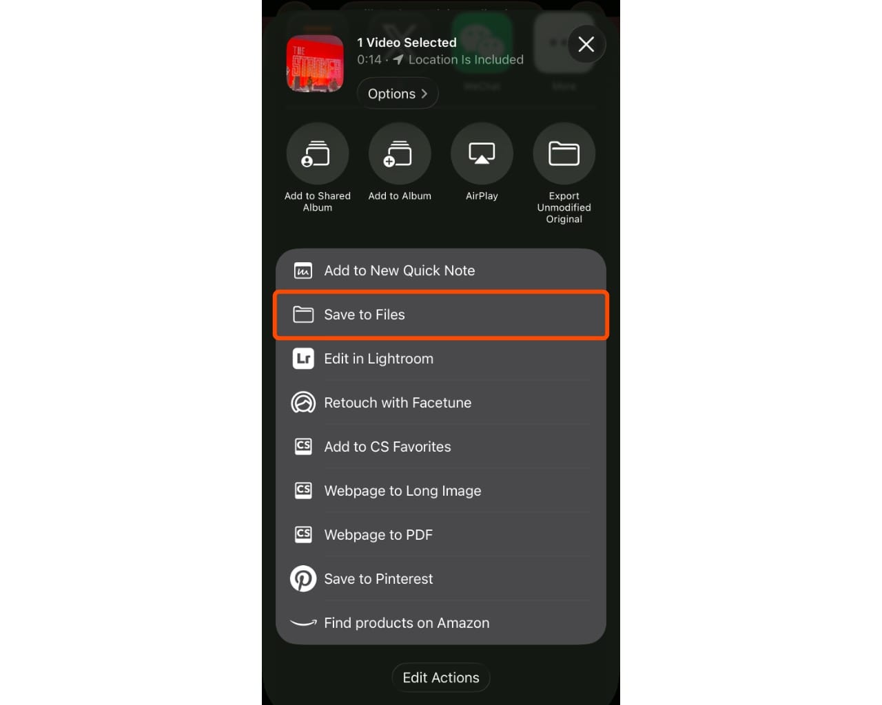 iPhone share sheet showing “Save to Files” option to store audio file for custom charging sound setup