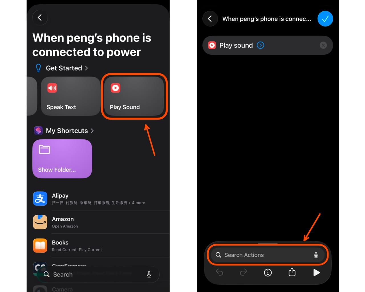 Shortcuts app showing Play Sound action and search bar for adding automation actions on iPhone