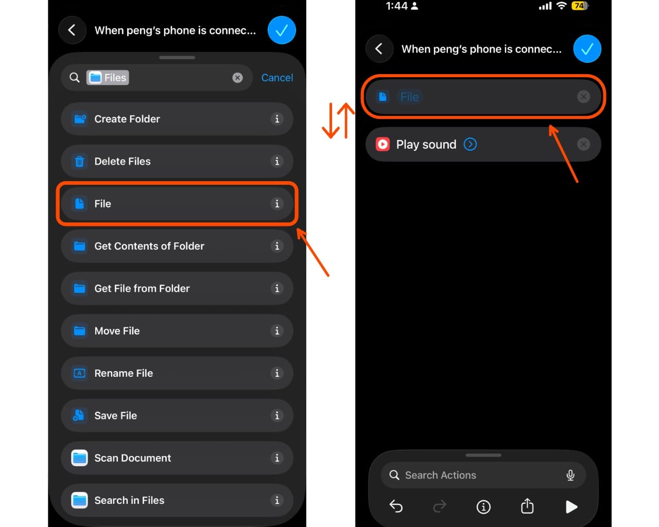iPhone Shortcuts file picker selecting audio file from Files app for charging sound automation