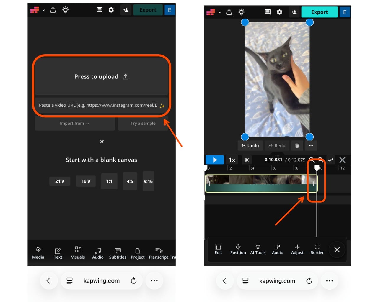 Kapwing editor showing video upload and timeline trimming for creating charging sound from video