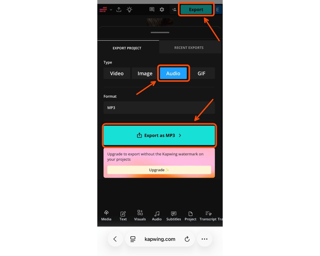 Kapwing export screen showing audio export as MP3 for custom phone charging sound