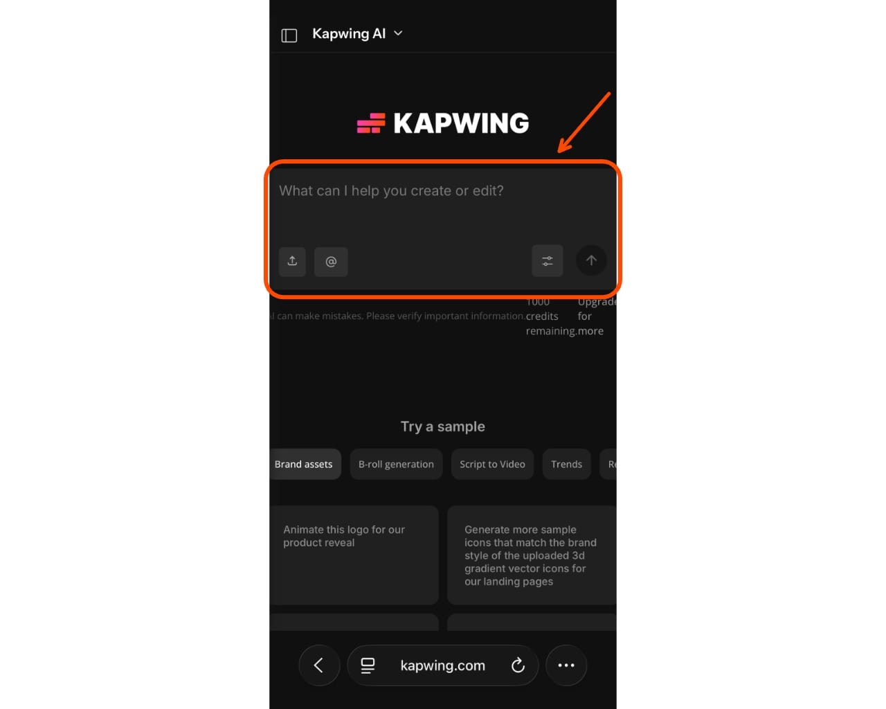 Kapwing AI prompt input box used to generate custom charging sound or voice audio