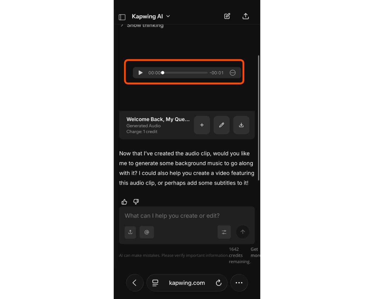 Kapwing AI interface showing generated audio preview player for custom charging sound