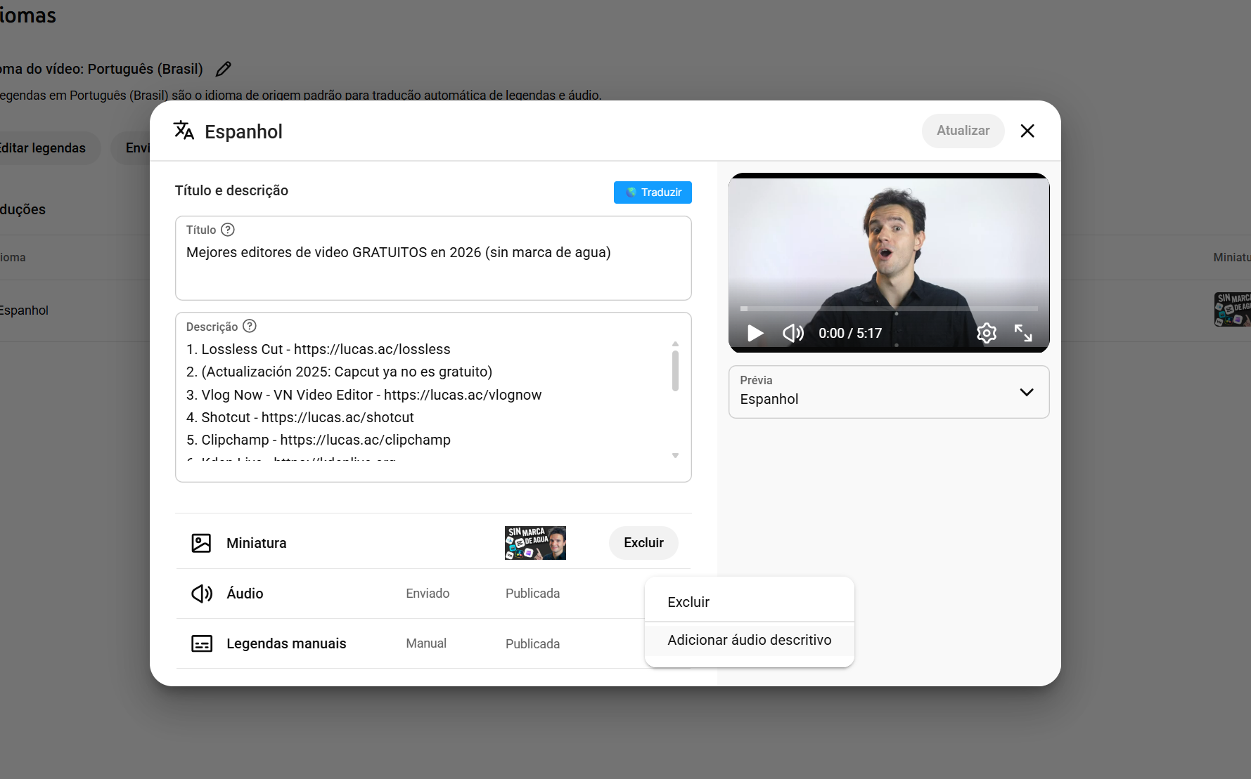 Screenshot of a YouTube video on Lucas Conde's channel posted with Spanish title and meta-data