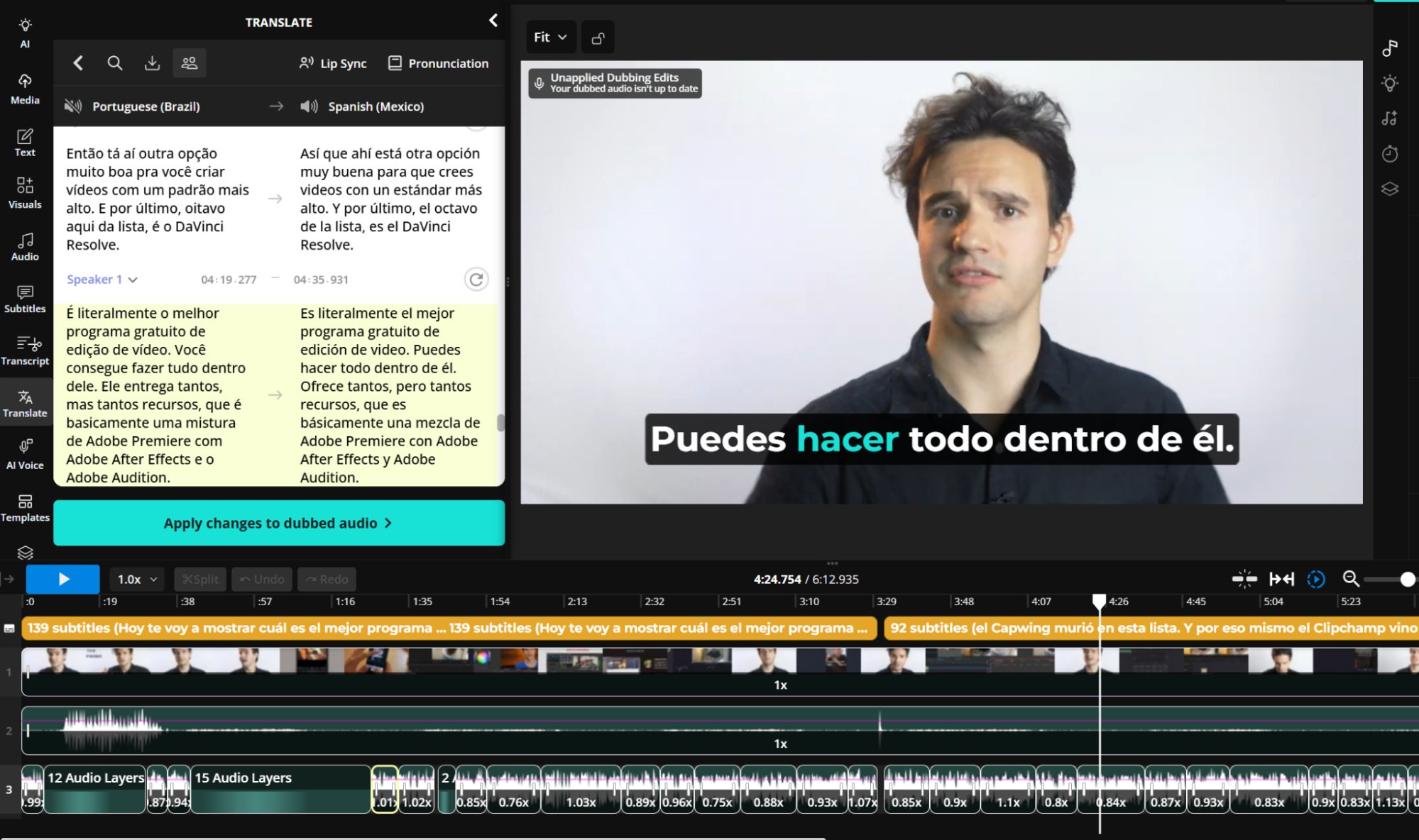 Screenshot from inside the Kapwing translation studio