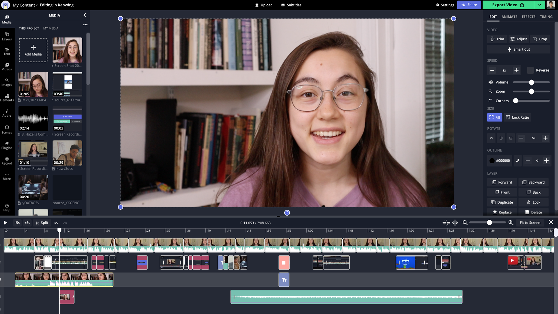 Screenshot of the Kapwing video editor showing a multi-layer video timeline, preview window, media panel, and editing controls.