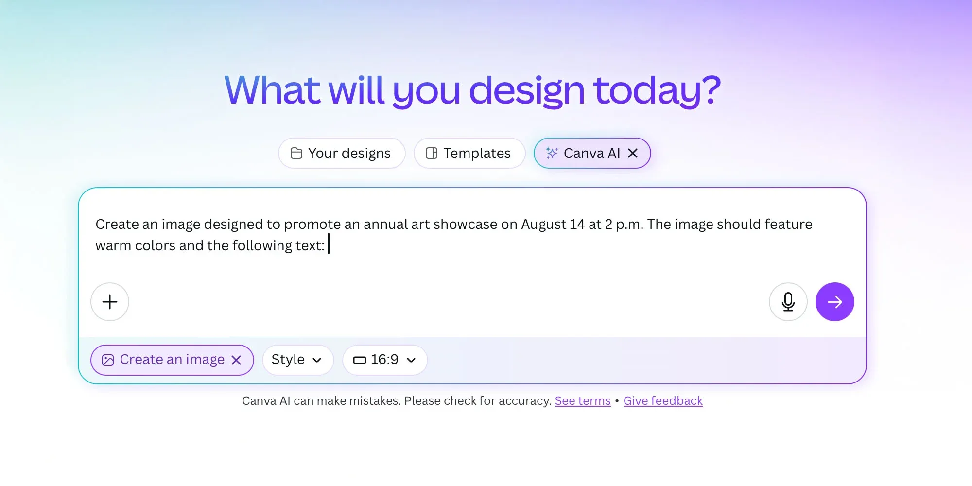 Screenshot of Canva AI with a prompt box asking what the user wants to design and an option to create an image.
