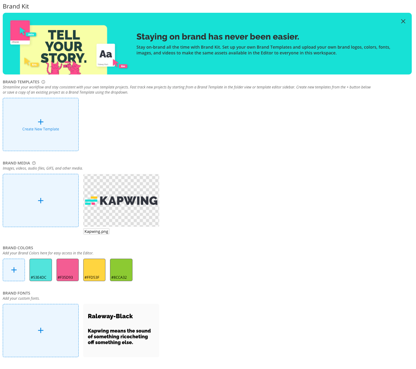 Kapwing Brand Kit with shared logos, fonts, colors, and brand assets for team video creation.
