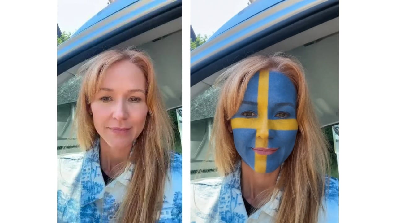 Side-by-side images showing a woman’s selfie before and after AI adds blue and yellow country flag face paint.