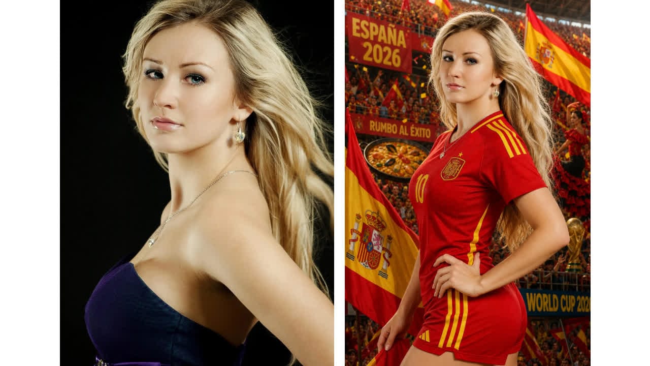 Side-by-side images showing a woman’s portrait before and after AI turns her into a Spain soccer fan wearing red in a stadium.