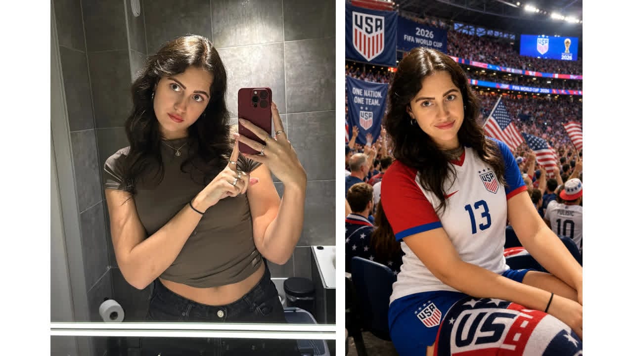Side-by-side images showing a woman’s mirror selfie before and after AI transforms her into a Team USA soccer fan in a stadium.