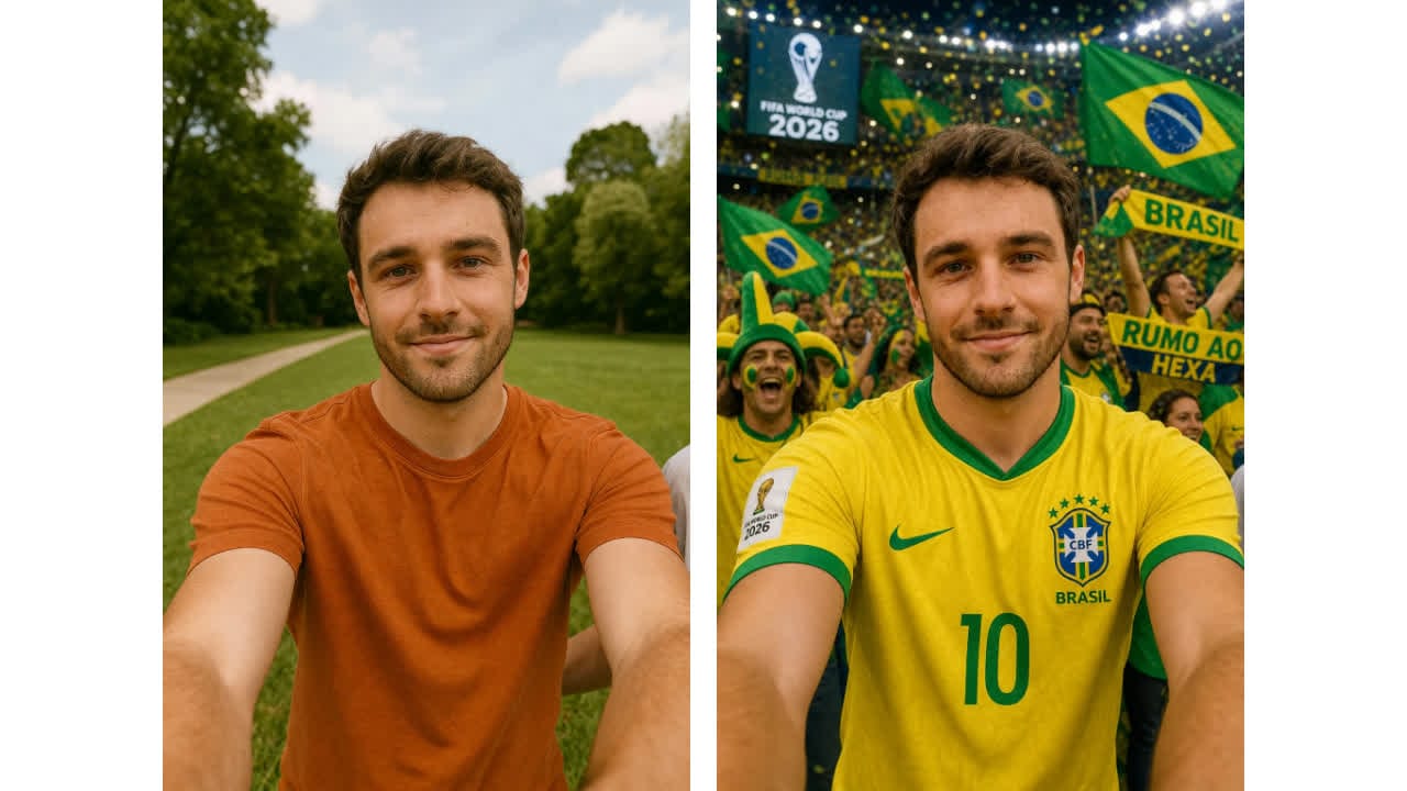 Side-by-side images showing a man’s outdoor selfie before and after AI turns him into a Brazil soccer fan in a stadium.