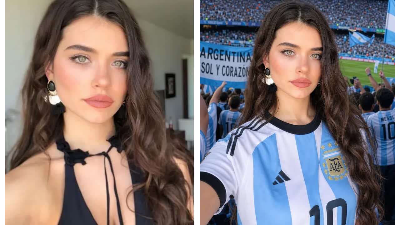 Side-by-side images showing a woman’s portrait before and after AI turns her into an Argentina soccer fan in a stadium.