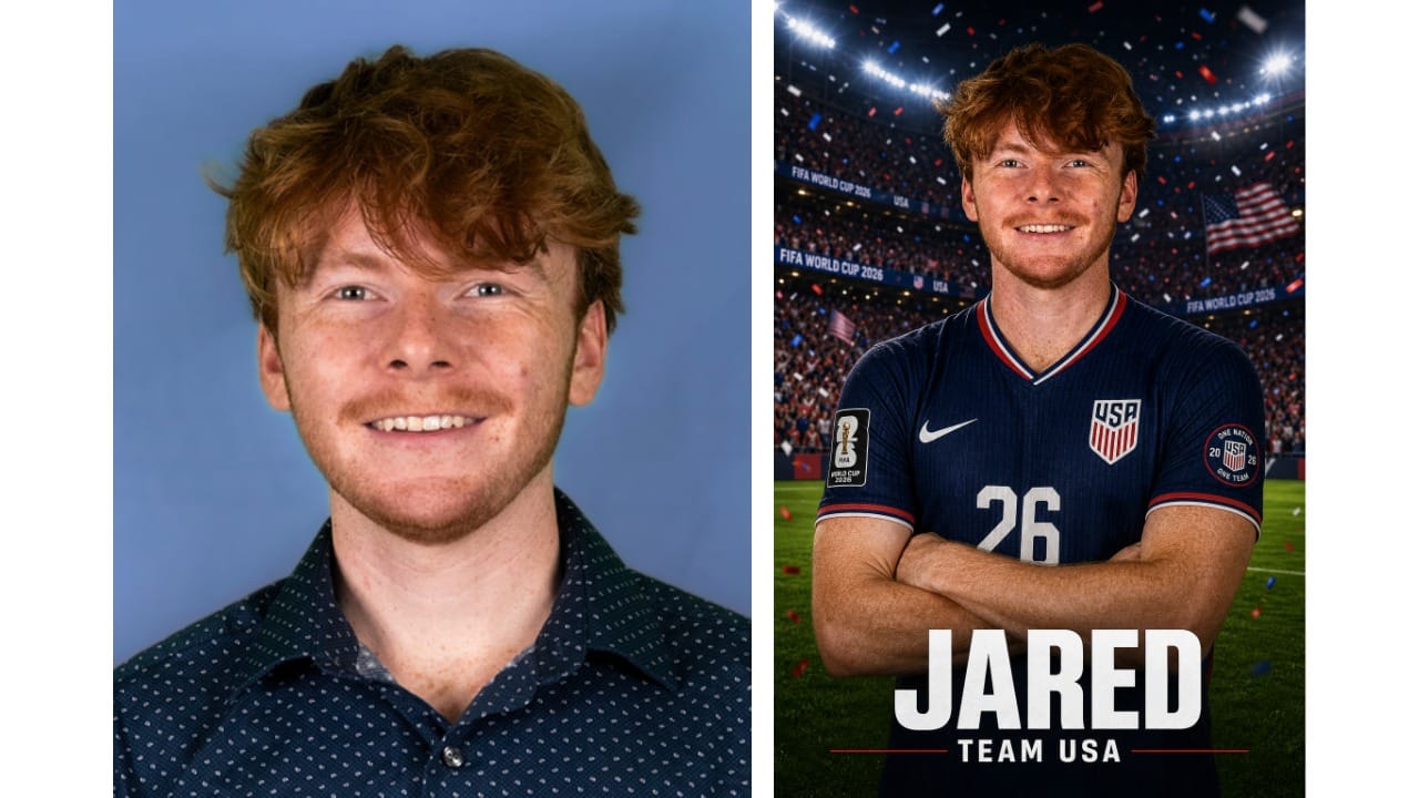 Side-by-side images showing a man’s portrait before and after AI transforms him into a soccer player poster with stadium lights and fan energy.