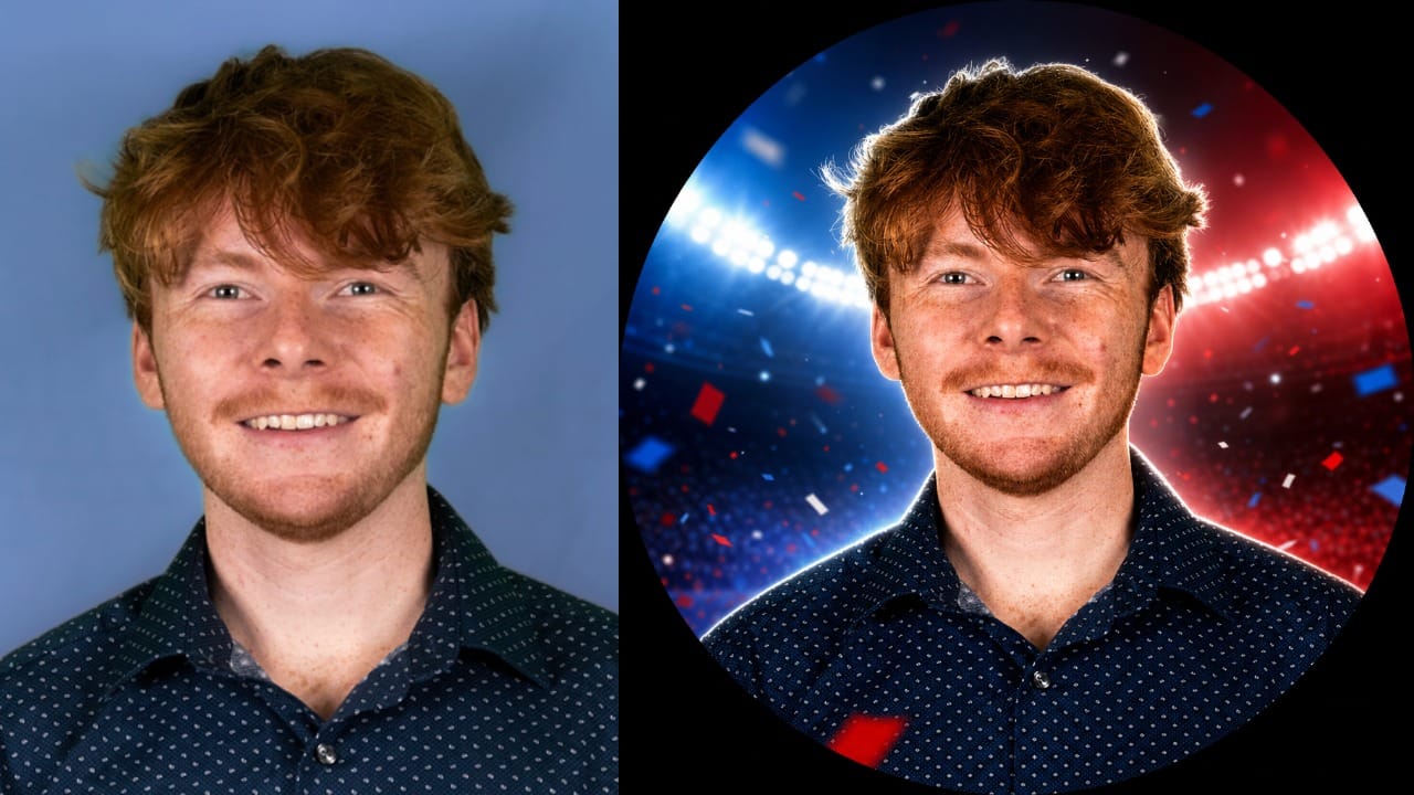 Side-by-side images showing a man’s portrait before and after AI turns it into a circular soccer profile picture with stadium lights and confetti.