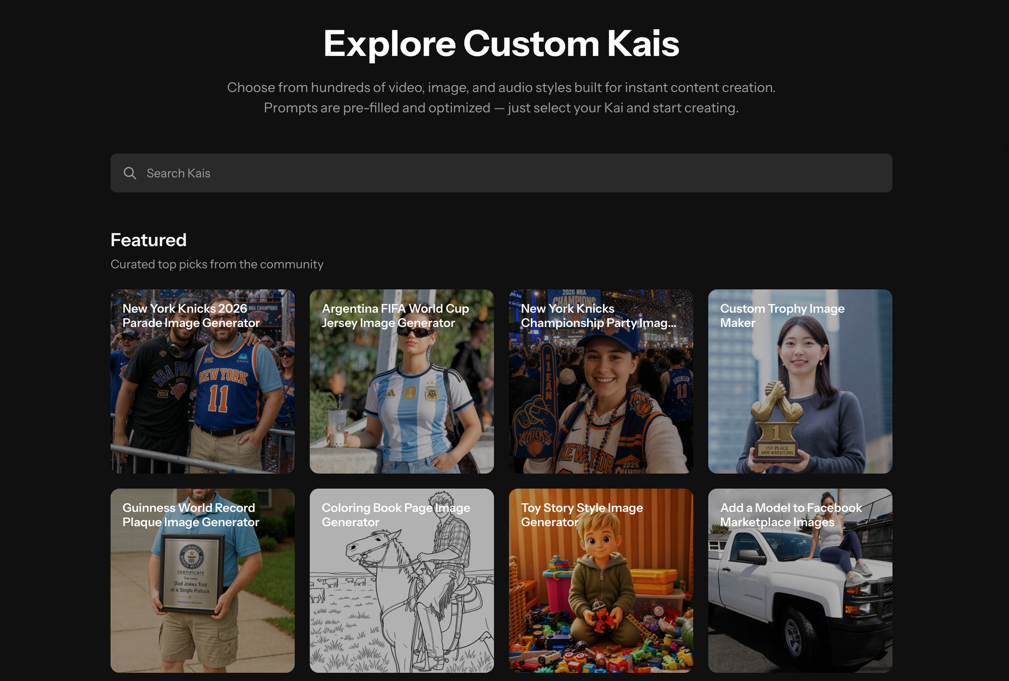Kapwing Custom Kai interface showing reusable AI assistants for content creation workflows.