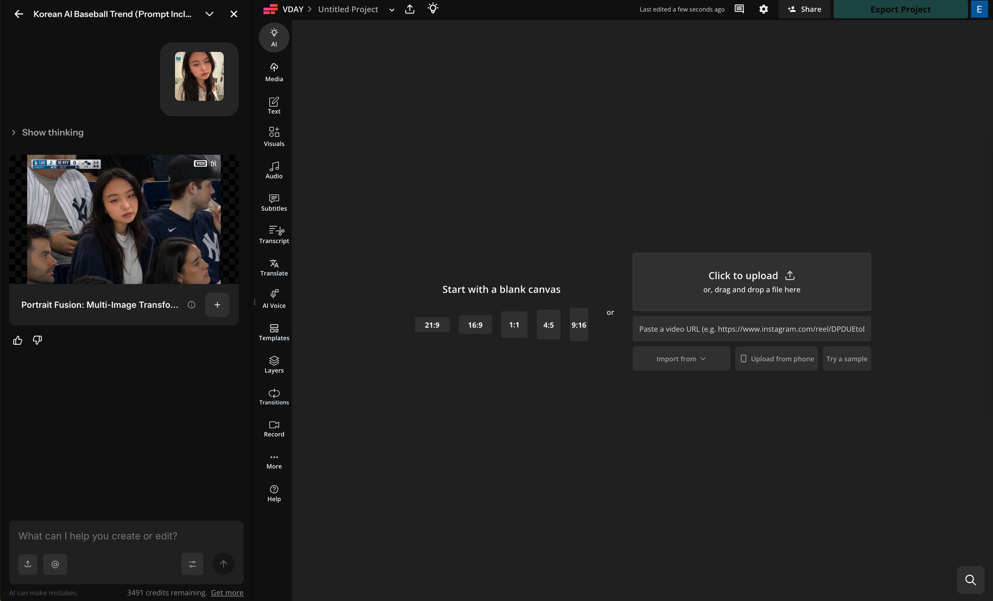Kapwing AI workspace showing AI-generated images alongside the video editing studio.