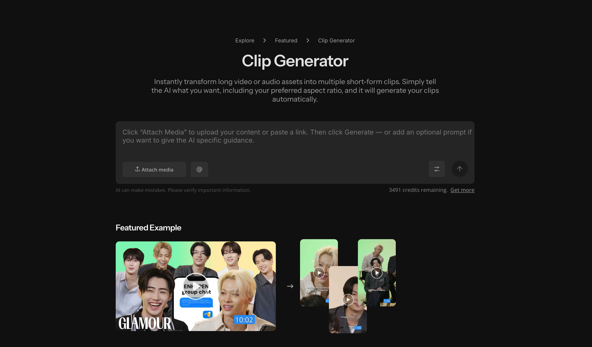 Kapwing Clip Generator interface showing a long-form video being converted into multiple short-form clips.