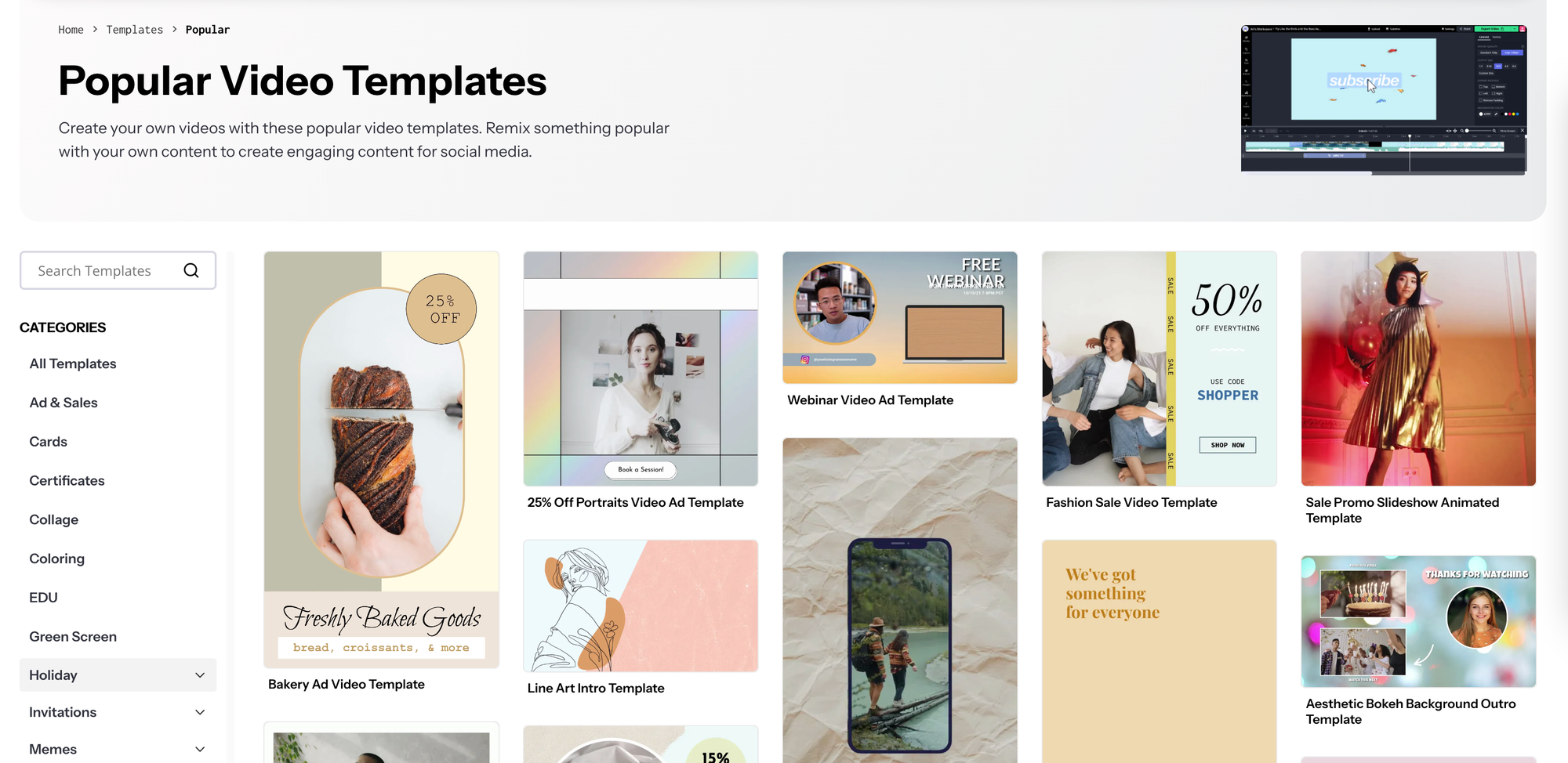 Screenshot of Kapwing’s video template library showing a grid of popular video templates and category filters.