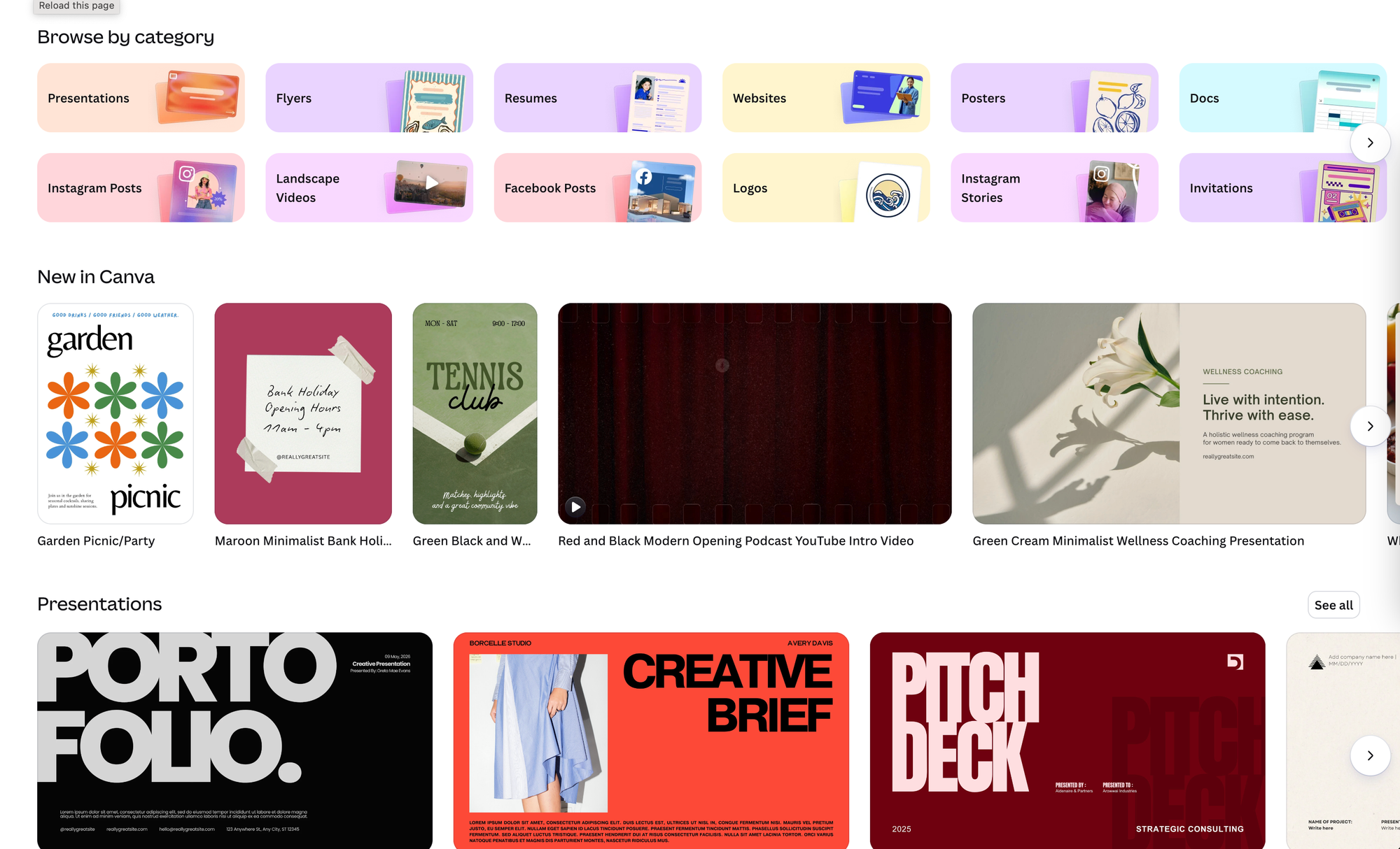 Screenshot of Canva’s homepage showing template categories for presentations, flyers, posters, Instagram posts, videos, and other designs.