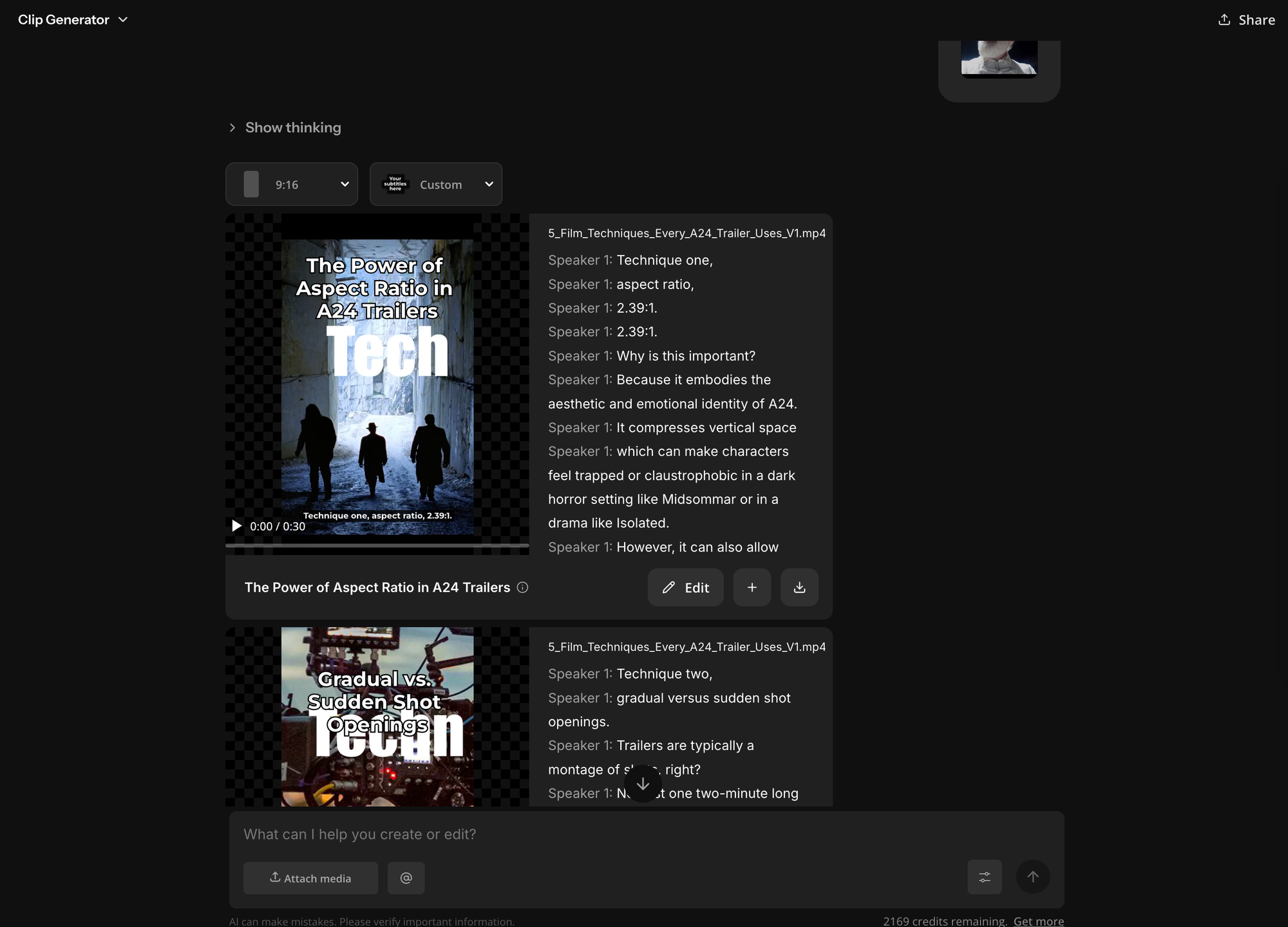 Screenshot of Kapwing’s Clip Generator showing AI-suggested vertical clips from a longer podcast or video file.