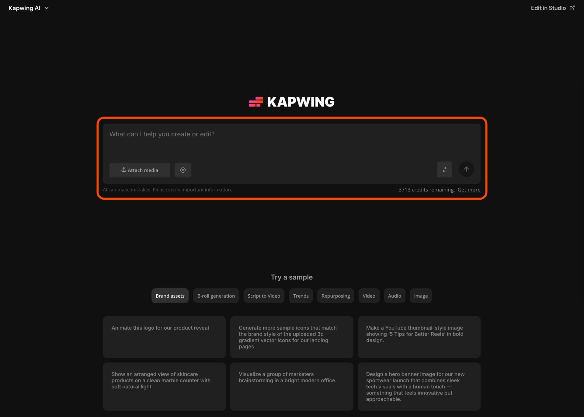 A screenshot showing the Kapwing AI homepage