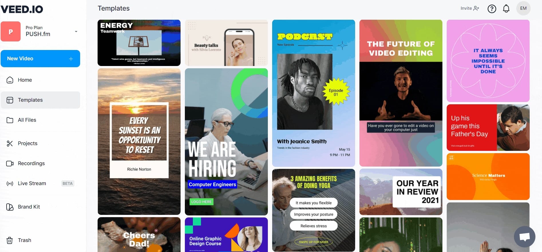 VEED template library displaying social media, podcast, marketing, and presentation video templates.