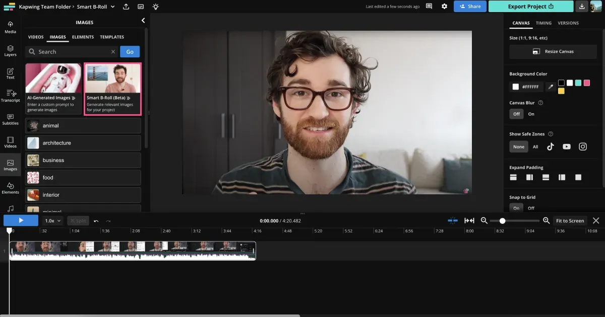 Kapwing AI B-Roll Generator suggesting visual assets based on a video script inside the editing studio.