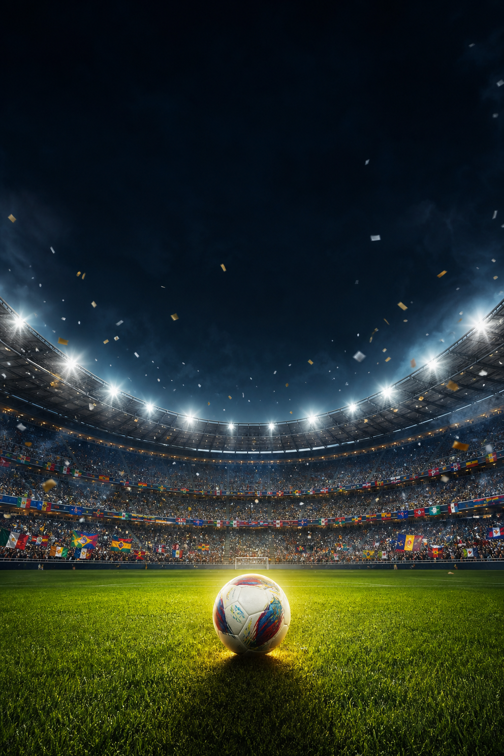A cinematic night stadium scene with bright floodlights, falling confetti, a packed crowd, and flags around the stadium.