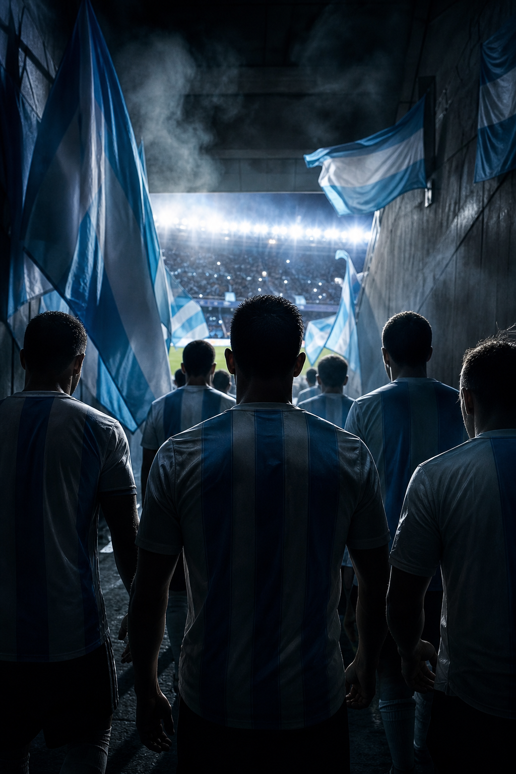Anonymous soccer players seen from behind walking through a dark tunnel toward bright stadium lights, surrounded by blue and white flags and smoke.